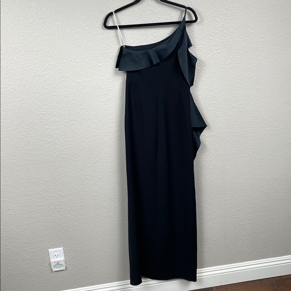 Halston Heritage Draped Column Gown Black Maxi Dress Ruffle Sz 4 - Picture 7 of 15